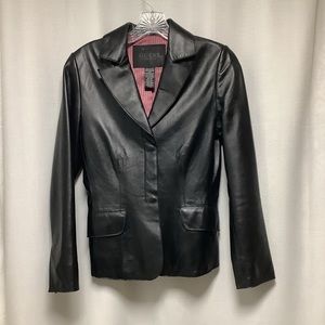 Guess Collection XS black leather blazer styling w/2 hidden snaps & flap pockets